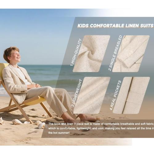 Set of 3 Size 6Y Boys Linen Suits for Kids Summer Slim Fit 3 Piece Beach Wedding Outfit Light Weight Tuxedo Linen Suit Set