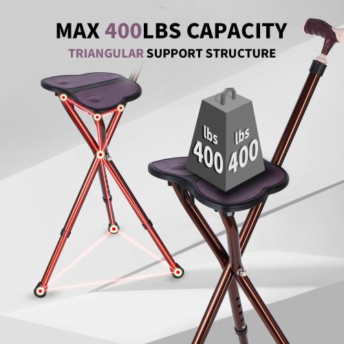 Folding Cane Seat 441 lbs Capacity Thick Aluminum Alloy Cane Stool Crutch Chair Seat Three-Legged Cane Seats Highly Adjustable Walking Stick Tall Unisex for Elderly As Gift