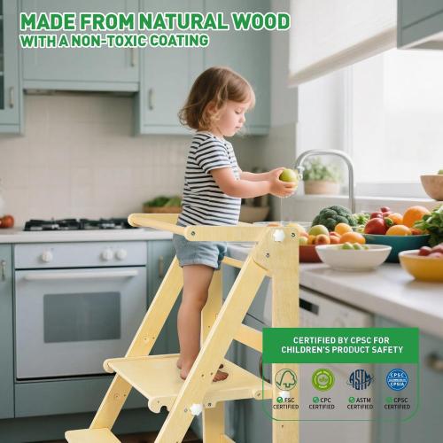 Foldable Toddler Learning Standing Tower, WOOD CITY Montessori Kitchen Step Stool Helper with 3 Adjustable Heights Learning Kitchen Tower for Counter and Bathroom Sink (Natural)