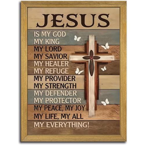 Framed My God Jesus Wall Art Canvas Prints, Christian Inspirational Quote Wall Decor, Vintage Cross White Butterflies Artwork, Religion Bible Verse Decor Art for Bedroom Prayer Room – 12x16in