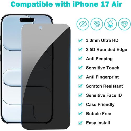 PEHAEL 3 3 Pack for iPhone Air/17 Air Privacy Screen Protector with Camera Lens Protector Full Coverage Anti-Spy Tempered Glass Film 9H Hardness Easy Installation Bubble Free [6.5 inch]