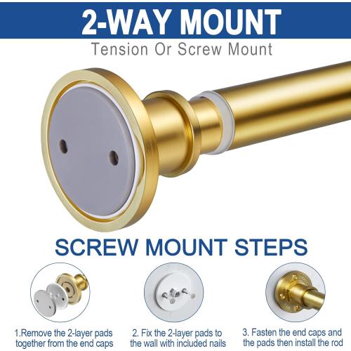 BRIOFOX Industrial Shower Curtain Rod - 2-in-1 Design Tension Curtain Rod - Never Rust Non-Slip 43 to 72 Inch Metal Steel, Gold Window Curtain Rod