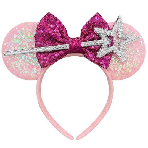 Cute Mouse Ears Headband for Women Sequin Pink Bows Park Ears Fairy Halloween Costume