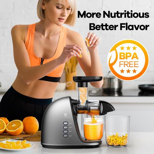 Cold Press Juicer Machine: Easy to Clean Slow Masticating Extractor for Veggies and Fruits, 92% Juice Yield High Nutrient and Vitamin, Quiet Motor & Reverse Function with Brush, Silver
