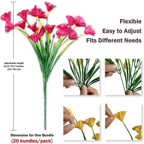 Artificial Fall Flowers for Outdoors,20 Bundles Outdoor Fake Plants UV Resistant Faux Silk Flowers for Autumn Outside Planters, Window Box Pot(Fushia)