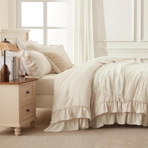 Andency Beige Full Size Comforter Set, 3 Pieces Farmhouse Shabby Chic Ruffle Comforter, Soft Lightweight Fluffy All Season Microfiber Bedding Comforter Set for Kids, Girls, Women
