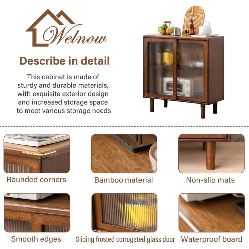Welnow Buffet Cabinet, Bamboo Sideboard with Storage Kitchen Display Cabinet with 2-Tier Shelves Boho Coffee Bar Tables for Kitchen, Living Room, Entryway, Office, Walnut | 32.7H, 2-Tier Storage,Coffee Bar Cabinet with Fluted Glass Doors, Sideboard Cabinet for Kitchen, Living Room, Entryway