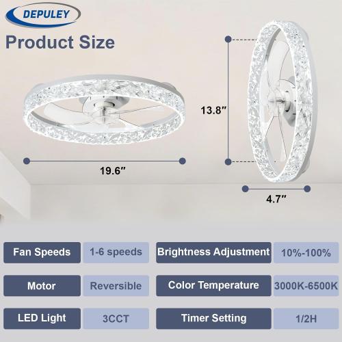 Depuley Ceiling Fans with Lights and Remote: Full Package 20 Modern Low Profile Flush Mount LED Ceiling Fan for Bedroom App Control - White Crystal Bladeless Fandelier for Laundry Room Kitchen
