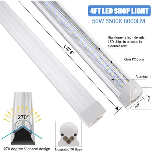 10Pack 4FT LED Shop Light - 50W 8000LM 6500K Linkable Clear Cover T8 LED Tube Light for Workshop, Warehouse, Basement - Plug and Play