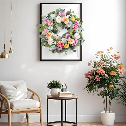 Spring Wreaths for Front Door,Summer Wreath with Peony Rose and Dahlia Flowers,24 Inch Floral Door Wreath for All Seasons Outside Outdoor Indoor Wall Wedding Holiday Home Decor