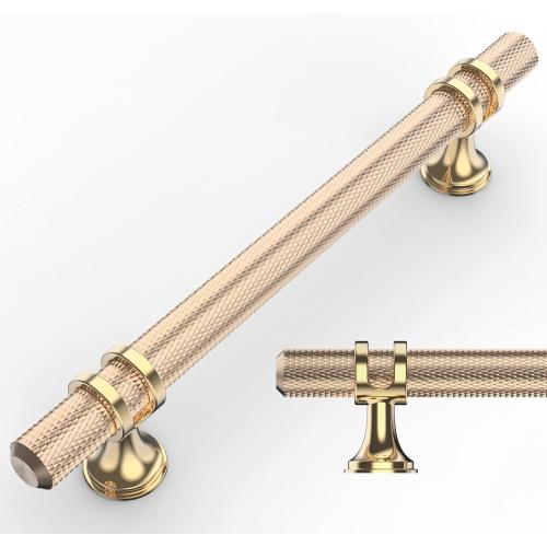 Amerdeco 10 Pack Knurled Gold Cabinet Pulls 5 Inch Hole Center Brushed Brass Kitchen Cabinet Handles for Drawer Dresser, Cupboard and Wardrobe ZH0025