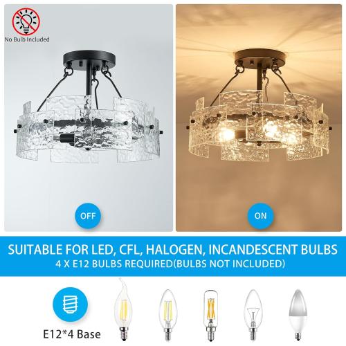 XINGQI Black Ceiling 4-Light Modern Farmhouse Water Ripple Glass Ceiling Lighting Fixture 15.7 Drum Ceiling Lights for Bedroom Dining Room Living Room Hallway Entryway
