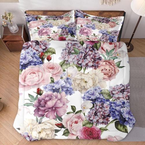 White and flowers King Size Comforter Set with 2 Pillowcases, Painting Floral Rose Flower Hydrangea Soft 3 Pcs Bedding for Kids and Adults Bedroom Bed Decor