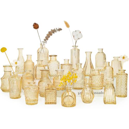 24pcs Glass Bud Vase Set, Small Gold Amber Flower Vases for Centerpieces in Bulk, Mini Vintage Vase for Wedding, Home,Table Decoration