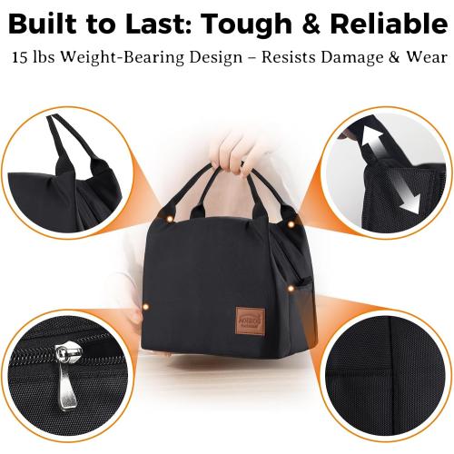 Aosbos Black Lunch Bag Women Insulated Lunch Bags for Adult Lunch Box for Women Lunchbox Lunch Tote Bento Box Cooler Bag for Work Office Picnic