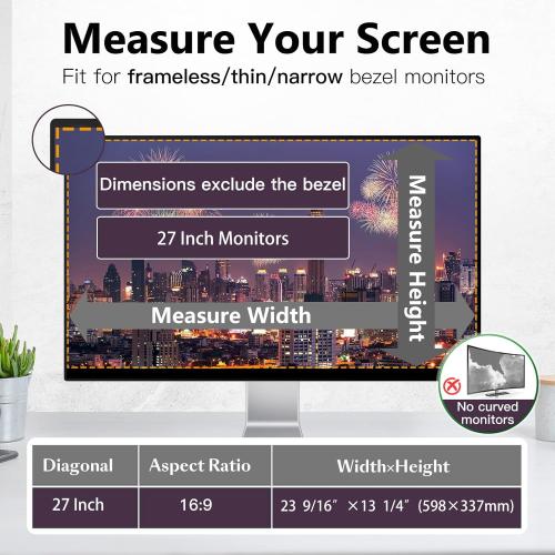 Magnetic Computer Privacy Screen Filter 27 Inch for Frameless Monitor Thin Bezel 16:9 Widescreen, Hanging Removable Anti Glare Blue Light Privacy Filter Protector Eye Care