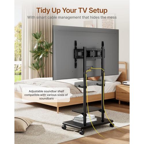 Rolling TV Stand with Soundbar Mount for 37-75inch TVs up to 154lbs | Swivel&Tilt Mobile TV Stand with Large Storage,Height Adjustable,Steel Base,Max VESA 600x400mm,Sturdiness,Easy Assembly,Black