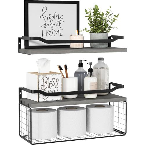 WOPITUES Floating Shelves with Wire Storage Basket, Bathroom Shelves Over Toilet with Protective Metal Guardrail, Wood Wall Shelves for Bathroom Organizers and Storage, Toilet Paper- Gray