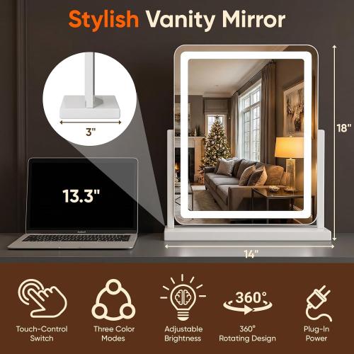 Antok Vanity Mirror with Lights, 14X18 Lighted Makeup Mirror, Smart Touch, 3 Color Modes and Brightness Adjustable, LED Vanity Mirror with Detachable 10X Magnification, 360° Rotation for Makeup Desk