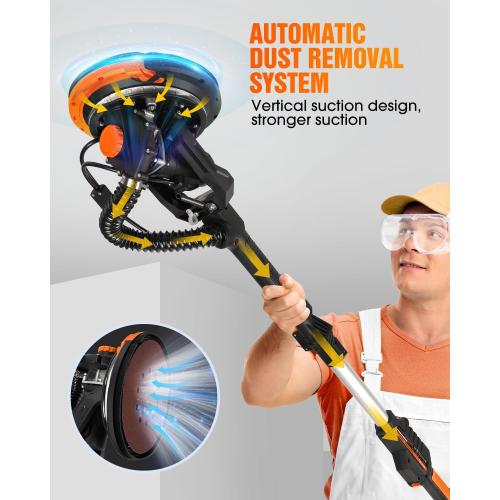 Electric Drywall Sander with Vacuum Dust Collection, Variable Speed, LED Light, Foldable Handle, Sanding Discs & Grids