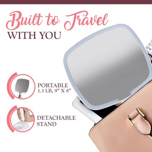 Size 9x13 Color White MIRRORVANA Lighted Travel Hand Mirror with Comfy Handle and Detachable Stand - Portable, Thin and Lightweight Design - Rechargeable with 3 LED Light Settings - 9 x 13 (White)