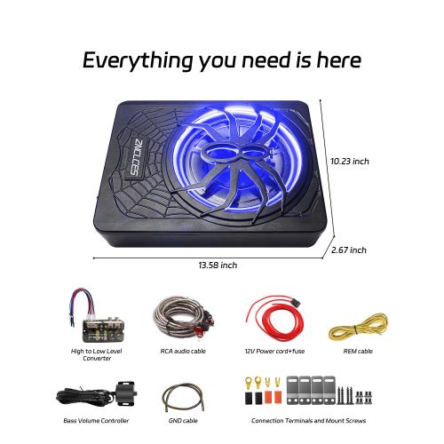 2025 Upgraded 10 1200W Slim Under Seat Powered Car Subwoofer, Car/Truck Sub Built in Amplifier for Outstanding Heat Dissipation, Powerful bass and Blue LED (Blue Light)