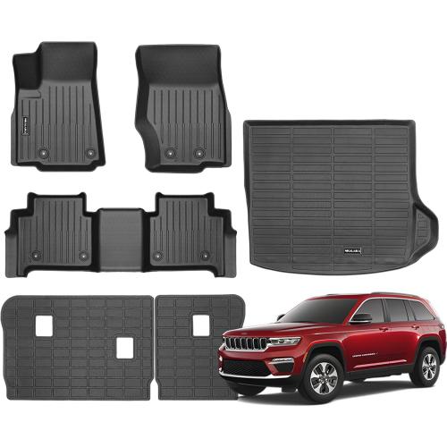 Color Black Floor Mats & Trunk Mat & Backrest Mat for 2025 2024-2022 Jeep Grand Cherokee 5 Seat Only (Include 4xe Not WK or L) All Weather TPE Protection Waterproof Floor Liners Accessories, Black