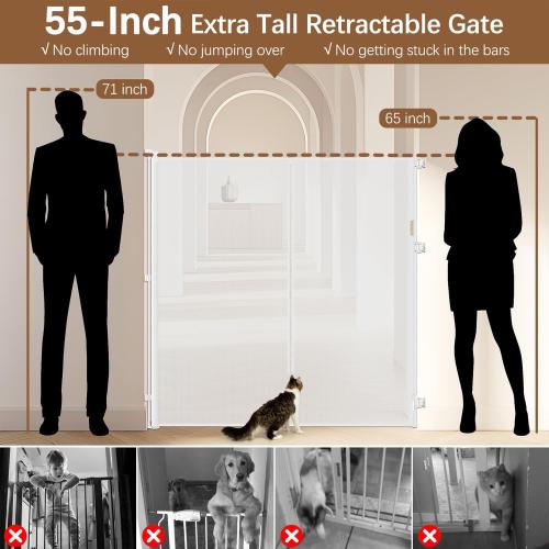 Reinforced 55 Extra Tall Cat Gate for Doorway - No Jumping Over/Crawling Under, Retractable Baby Gate for Cats Fits Openings up to 55 Wide, Retractable Dog Gate Indoor Tall Pet Gate for Stairs/White