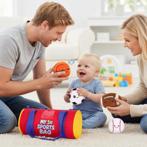 My 1st Sports Bag Plush Toy Playset with Soft Stuffed Balls, Basketball Baseball Football Soccer Ball Plush, Sensory Baby Toys for Toddlers Boys Girls (Sports Bag)