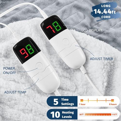 Grey 84x90 Heated Electric Blanket Queen Size - 84 x 90 Heating Blanket with Dual Control, 10 Heating Levels & 8 Hours Auto Off, Soft Warm Flannel Gift Blanket with Over-Heat Protection, ETL & FCC Certified