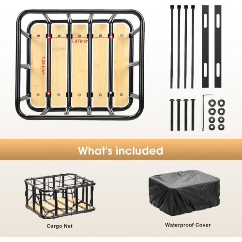 Bike Rear Basket with Waterproof Cover, Cargo Net, Wooden Base, 13.8X11.8X6.7 Heavy Duty Metal Ebike Rear Basket