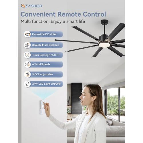 ZMISHIBO 72 inch Aluminium Blade Ceiling Fans with Lights and Remote, Outdoor Ceiling Fans for Patio Living Room with Quiet DC Motor, 6 Speed Reversible, 3 CCT, Black Industrial Ceiling Fan, 8 Blades