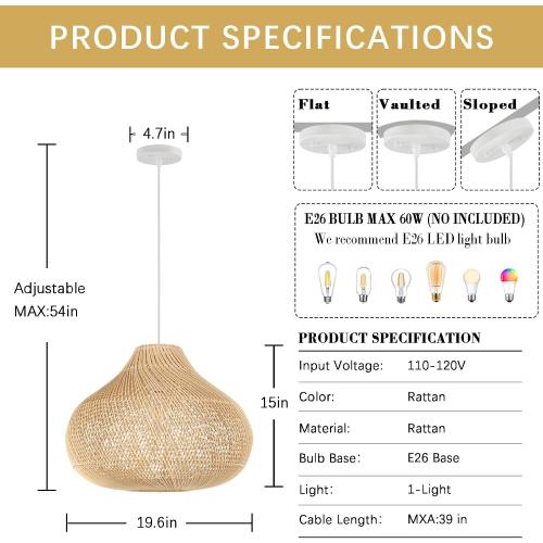 Large Rattan Pendant Light, 19.7 Rattan Boho Wicker Chandelier Hand-Woven Basket Pendant Light Fixtures for Dining Room Kitchen Island Living Room