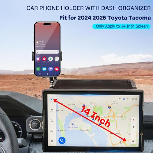 Car Phone Holder Fit for Toyota Tacoma 2024 2025 2026 W/Dash Tray Storge Box Organizer, Cell Phone Mount for Tacoma Accessories 14 inch Touch Screen 360 Degree Rotation (Not Fit 8 inch)