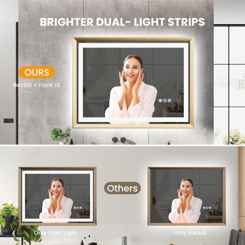 24x36 LED Mirror for Bathroom, Brushed Gold Metal Frame Mirror with Backlit   Front Lit, Bathroom Mirror with Lights, Anti-Fog, Dimmable, Lighted Mirror Tempered Glass(Horizontal/Vertical)