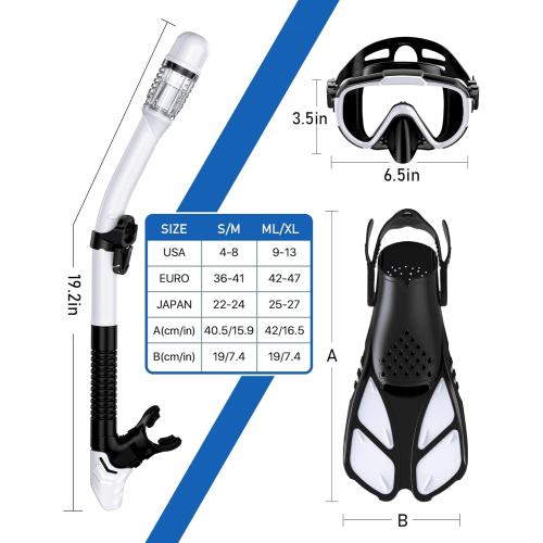 Snorkeling Gear for Adults Men Women,4 in 1 Snorkel Set with Panoramic View Diving Mask Anti-Fog Anti-Leak,Dry Top Snorkel,Fins and Travel Bag for Swimming,Snorkeling and Travel Diving