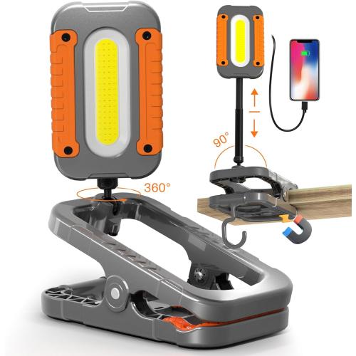 Rechargeable LED Work Light with Clamp, 3000LM Magnetic Clip-on Work Light with 4 Light Modes, 360°Rotation Flood Worklight with Portable Charger, Clamp Work Lights for Workshop, Jobsite