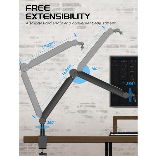 Size 3/8 to 5/8 FIFINE Mic Arm Stand, Microphone Boom Arm with Desk Clamp, Cable Channels, 3/8 to 5/8 Threads, Heavy Metal Microphone Stand for Podcast, Vocal Recording, Gaming-BM66 Black
