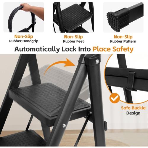 3 Step Ladder, Folding Step Stool with Wide Anti-Slip Pedal, Sturdy Step Ladder Foldable, Lightweight Portable Steel Step Stool for Kitchen, Home (Black, 3-Step)