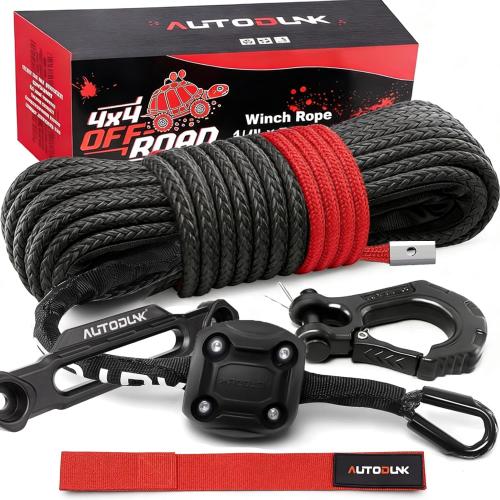 Synthetic Winch Rope-3/16 x 50ft 8,450LBS Winch Line with 4-7/8 Fairlead, Forged Winch Hook and Rubber Stopper, Protective Sleeve Synthetic Winch Cable for 4WD ATV UTV Offroad Vehicles Black
