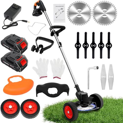 21V Electric Weed Eater with Wheels,Cordless Battery Weed Wacker with Charger, 3 in 1 Brush Cutter/String Trimmer/Grass Trimmer/Lawn Mower,Edger for Garden and Yard Lawn,2 Batteries Include