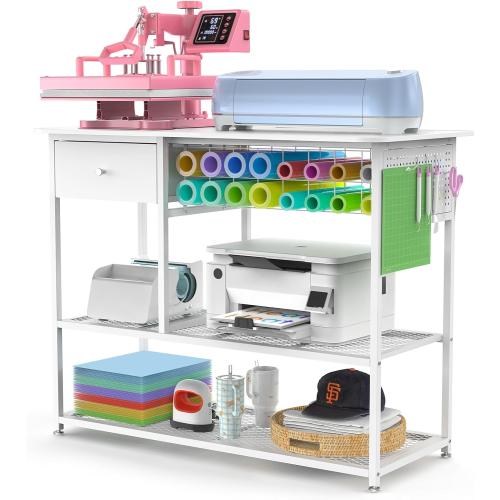 Extra Large Heat Press Table, Heat Press Stand Desk Cart with Vinyl Storage, Multi-Purpose Heavy Duty Metal Workbench for DIY Sublimation, T-Shirts Caps Mug & Tumbler Heat Transfer Projects