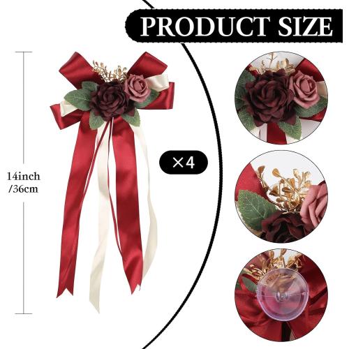 4PCS Wedding Car Door Handle Decorative Flowers, Burgundy Roses Artificial Flowers Bow Bouquet Just Married Automotive Decorations Accessories for Door Handles and Mirror(Burgundy)