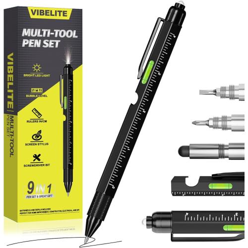 Gifts for Men, Dad, Him, Husband, 9 in 1 Multitool Pen Set with LED, Stylus, Level, Screwdriver, Mens Gift from Daughter, Wife, Son, Cool Gadgets Birthday Gifts for Men, Father, Black, 1 Pack