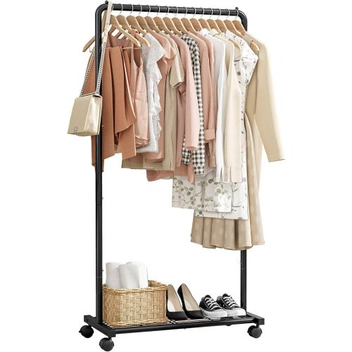 Clothes Rack - Clothing Rack with Storage Mesh Shelf & Casters, Heavy-Duty Metal Clothing Rack for Hanging Clothes, Dresses, Coats, Large Load Capacity, Easy Assembly, Black, 28.0x16.9x59.0