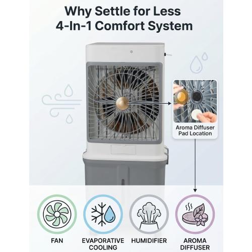 Swamp Cooler Cooling Fan, 10-Gal Portable Air Conditioners Windowless | Evaporative Air Coolers with Detachable Tank, 3 Speeds, Timer, Remote, and Rolling Casters for Patios, Garages, Apartments