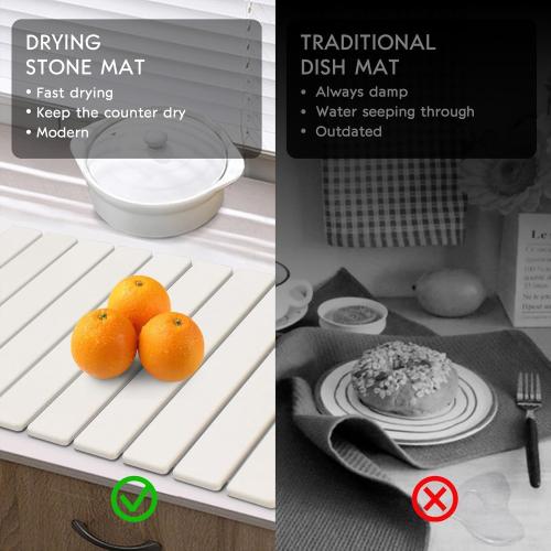 Large Stone Dish Drying Mats for Kitchen Counter, Quick Dry Collapsible Dish Drying Mat, Eco-Friendly Absorbent Foldable Diatomaceous Earth Mats for Dishes Bottles Cups, Match Any Countertop, 23×15