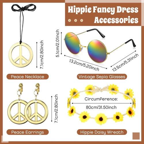 Hicarer 6 Pcs Hippie Costume Accessories Set Includes Headband Poncho Necklace Earrings Sunglasses for Women Girls