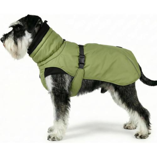 Dog Winter Puffer Coat, Water-Repellent (Green, Medium) | Breathable mesh lining with fur-safe buckle, leash hole, reflective strips and anti-slip leg straps