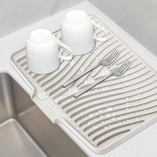 Silicone Dish Drying Mat, Stone Drying Mat for Kitchen Counter with Built-In Drain, Non-Slip Drain Pad with Built-in Drain, Heat Resistant Stone Drying Mat, 1Pcs 19.7 x 17, Cream